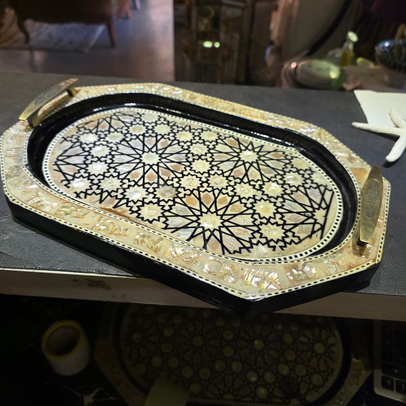HANDMADE WOODEN SERVING TRAY WITH MOTHER OF PEARL INLAY AND ISLAMIC GEOMETRIC PATTERN SMALL