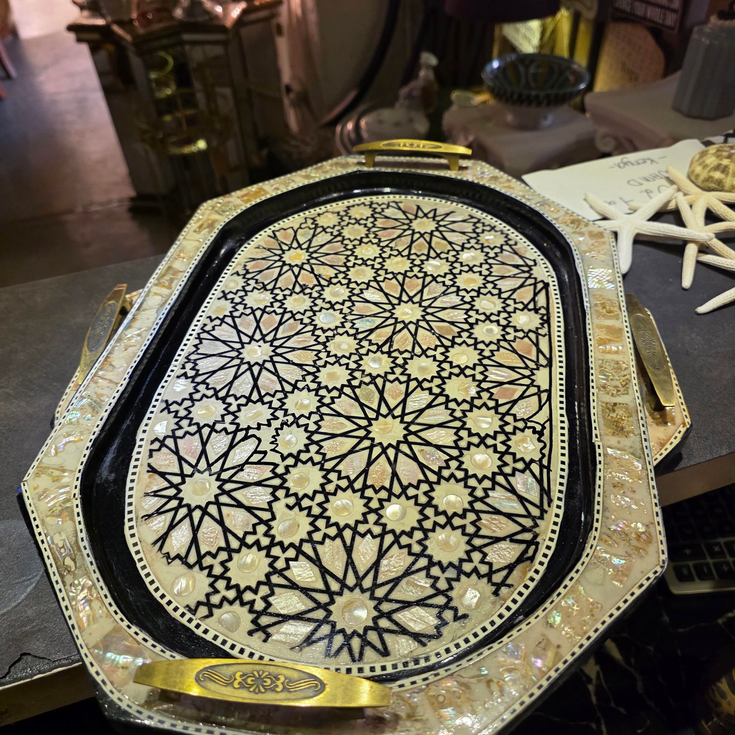 HANDMADE WOODEN SERVING TRAY WITH MOTHER OF PEARL INLAY AND ISLAMIC GEOMETRIC PATTERN BIG