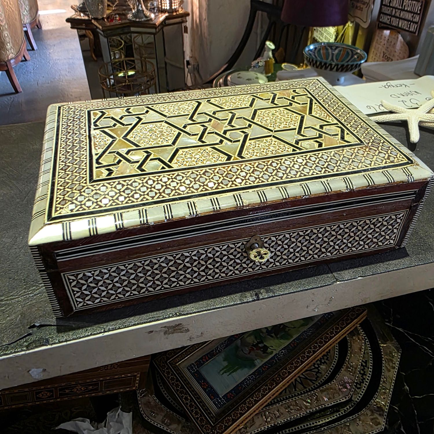 HANDCRAFTED WOODEN JEWELRY BOX FEATURING INTRICATE MOTHER OF PEARL AND MOSAIC INLAY