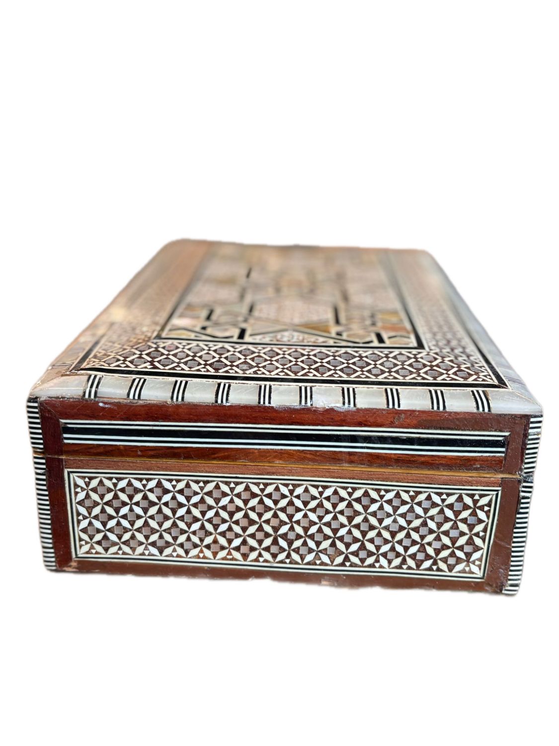 HANDCRAFTED WOODEN JEWELRY BOX FEATURING INTRICATE MOTHER OF PEARL AND MOSAIC INLAY