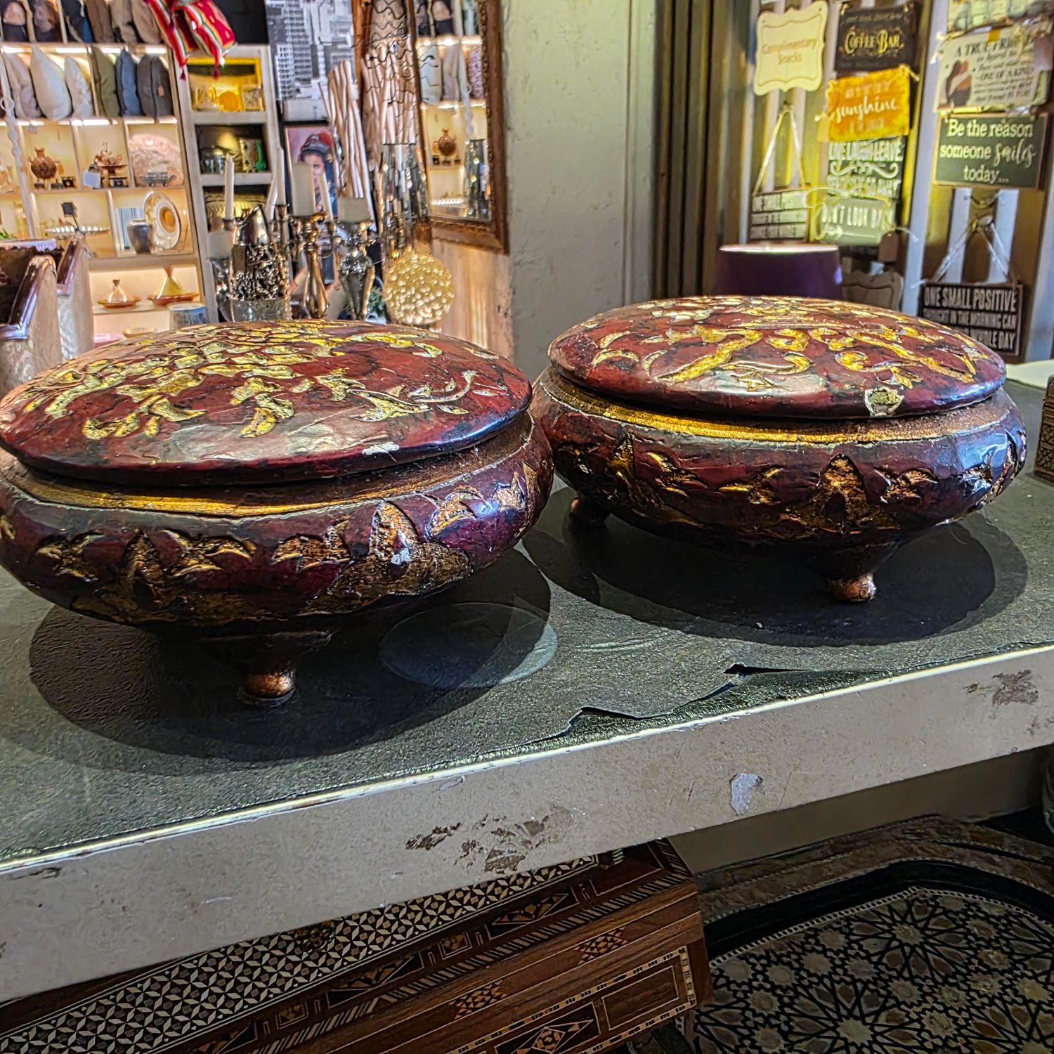 RED HAND PAINTED WOODEN FOLK ART LIDDED BOWLS