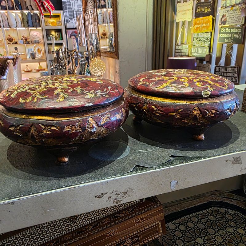 RED HAND PAINTED WOODEN FOLK ART LIDDED BOWLS