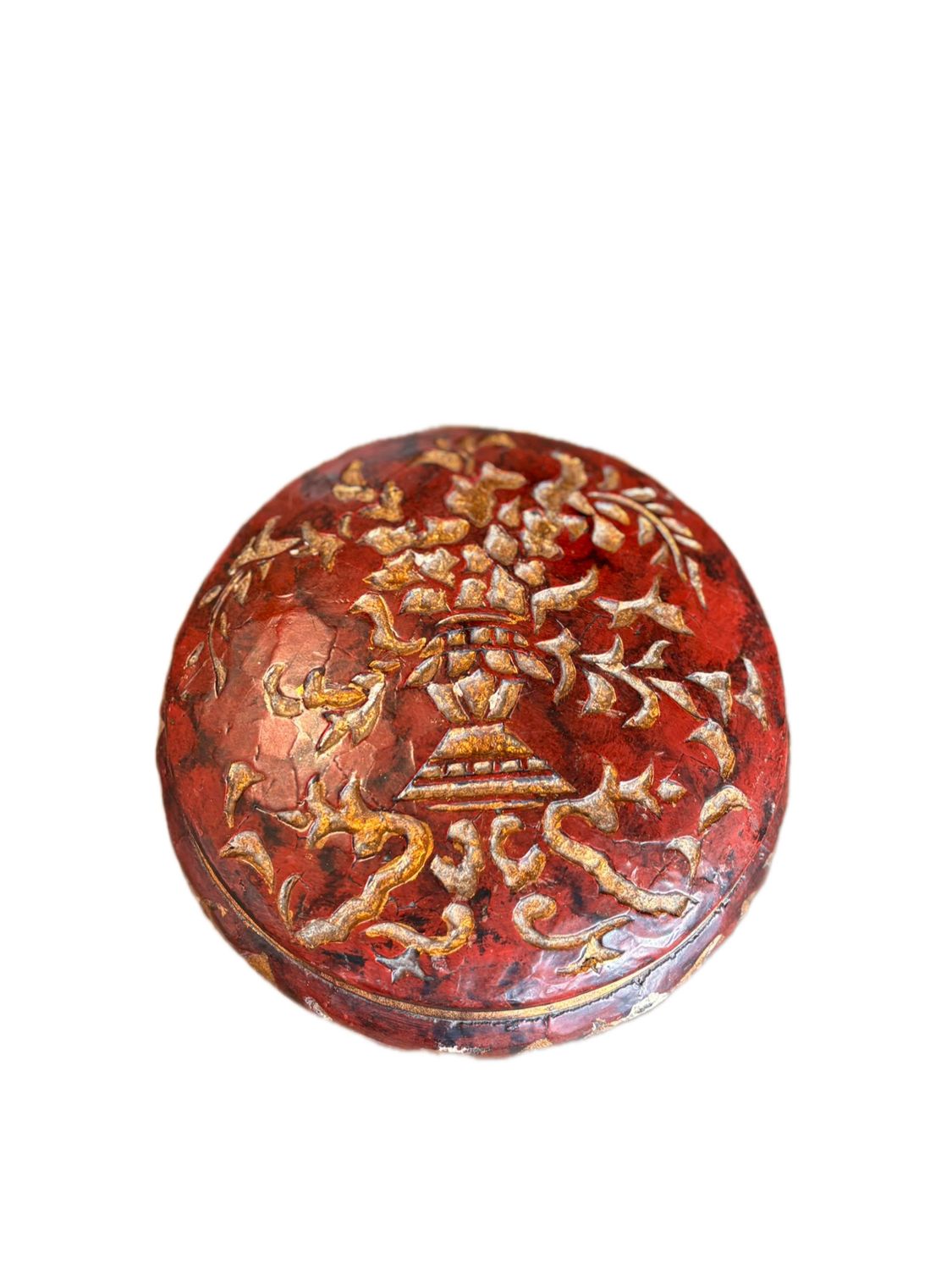 RED HAND PAINTED WOODEN FOLK ART LIDDED BOWLS
