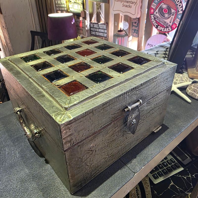 ANTIQUE HANDMADE WOODEN BOX METAL WRAPPED AND COLORFUL SMALL SQUARED GLASS INLAID