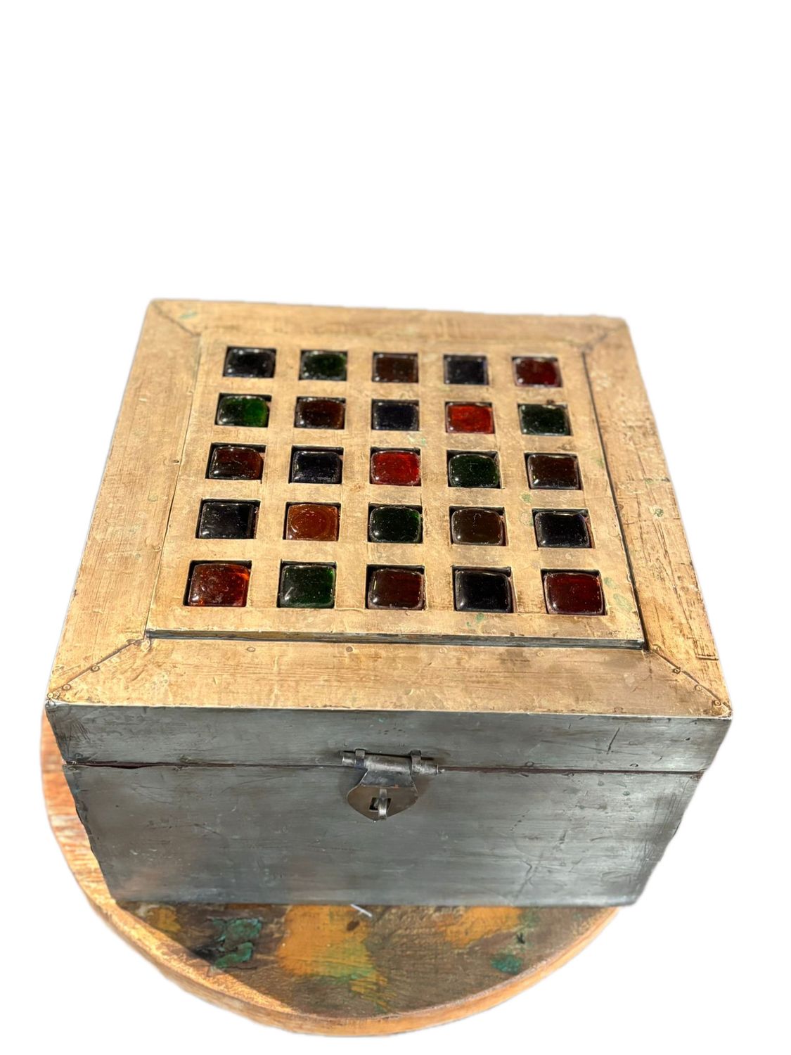 ANTIQUE HANDMADE WOODEN BOX METAL WRAPPED AND COLORFUL SMALL SQUARED GLASS INLAID
