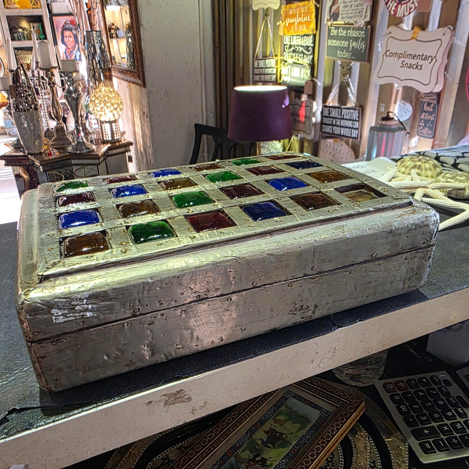 ANTIQUE HANDMADE WOODEN BOX METAL WRAPPED AND COLORFUL MEDIUM SQUARED GLASS INLAID