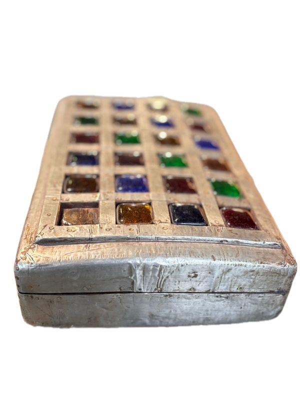 ANTIQUE HANDMADE WOODEN BOX METAL WRAPPED AND COLORFUL MEDIUM SQUARED GLASS INLAID