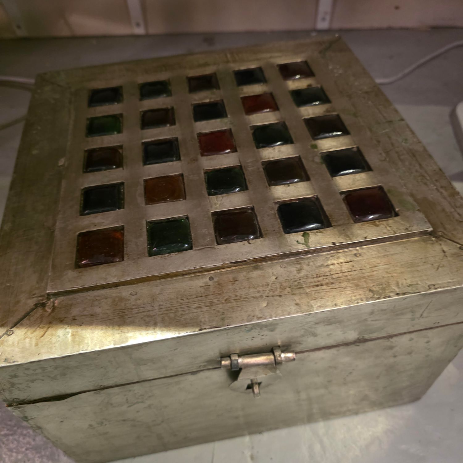 ANTIQUE HANDMADE WOODEN BOX METAL WRAPPED AND COLORFUL BIG SQUARED GLASS INLAID