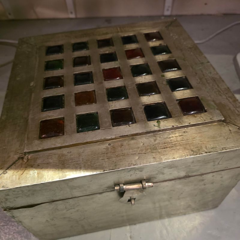 ANTIQUE HANDMADE WOODEN BOX METAL WRAPPED AND COLORFUL BIG SQUARED GLASS INLAID
