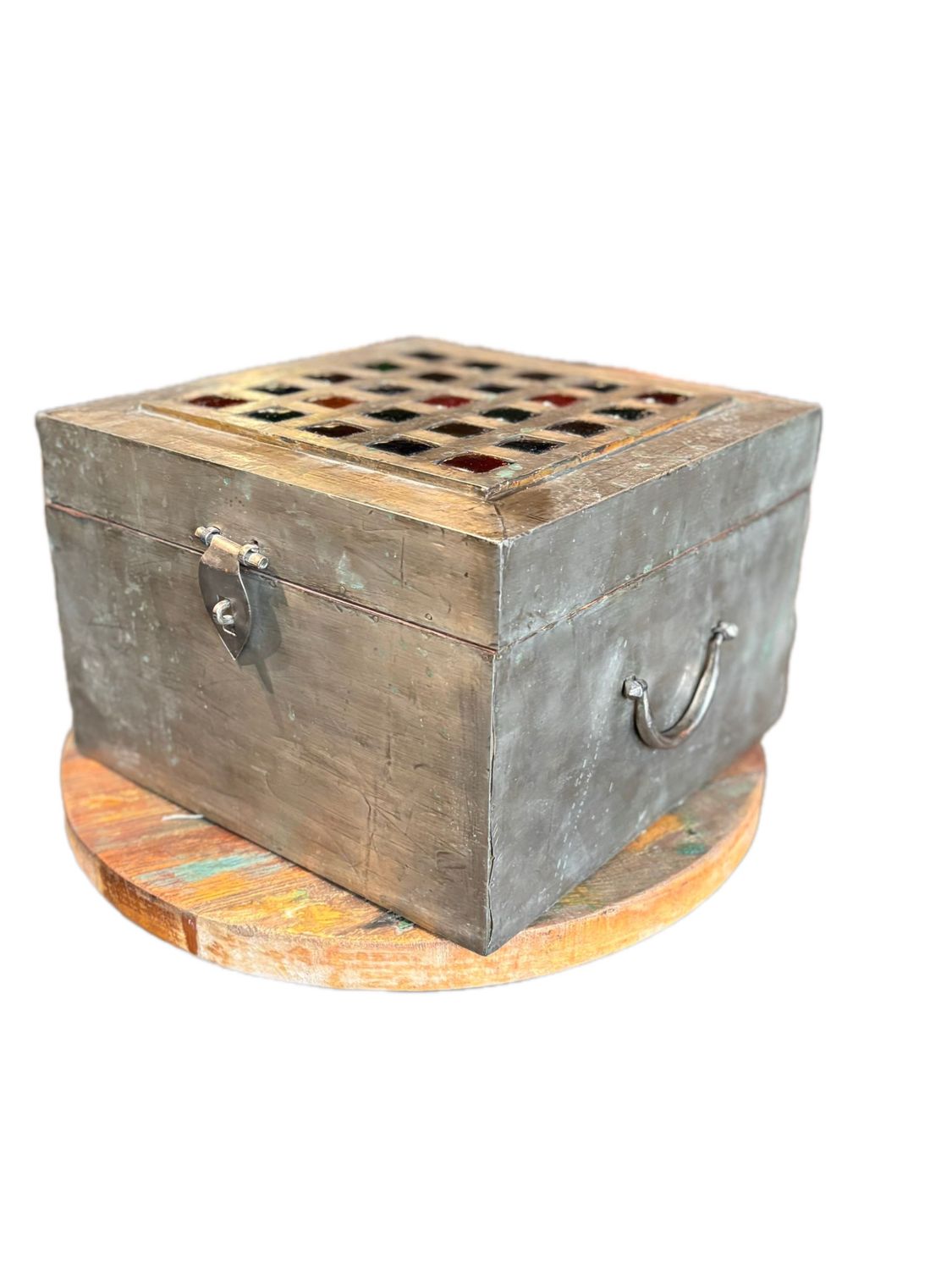 ANTIQUE HANDMADE WOODEN BOX METAL WRAPPED AND COLORFUL BIG SQUARED GLASS INLAID