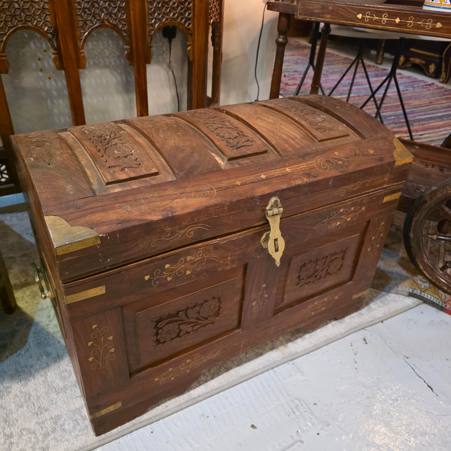 ANGLO INDIAN CARVED BRASS INLAID HARDWOOD DOME CHEST BIG