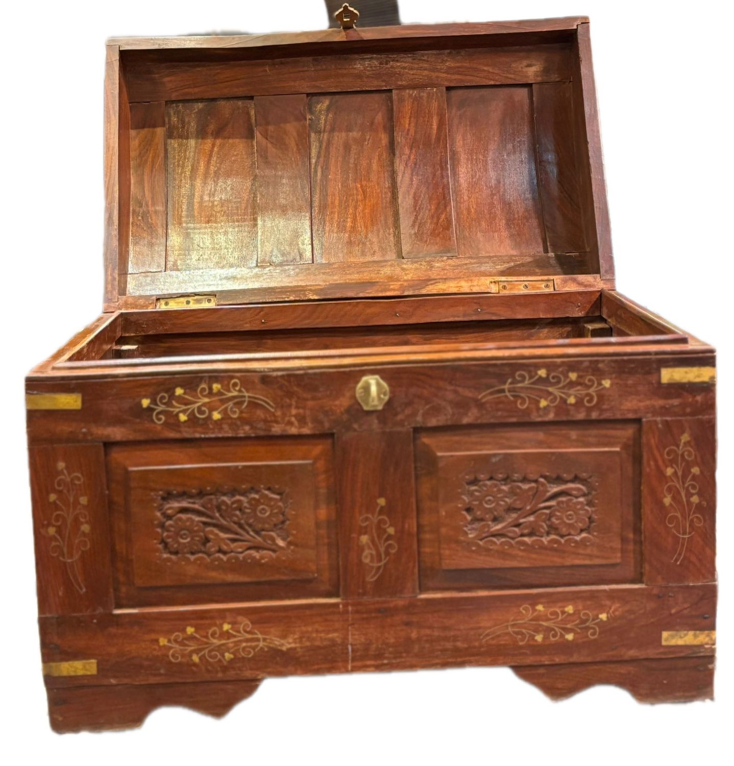 ANGLO INDIAN CARVED BRASS INLAID HARDWOOD DOME CHEST BIG