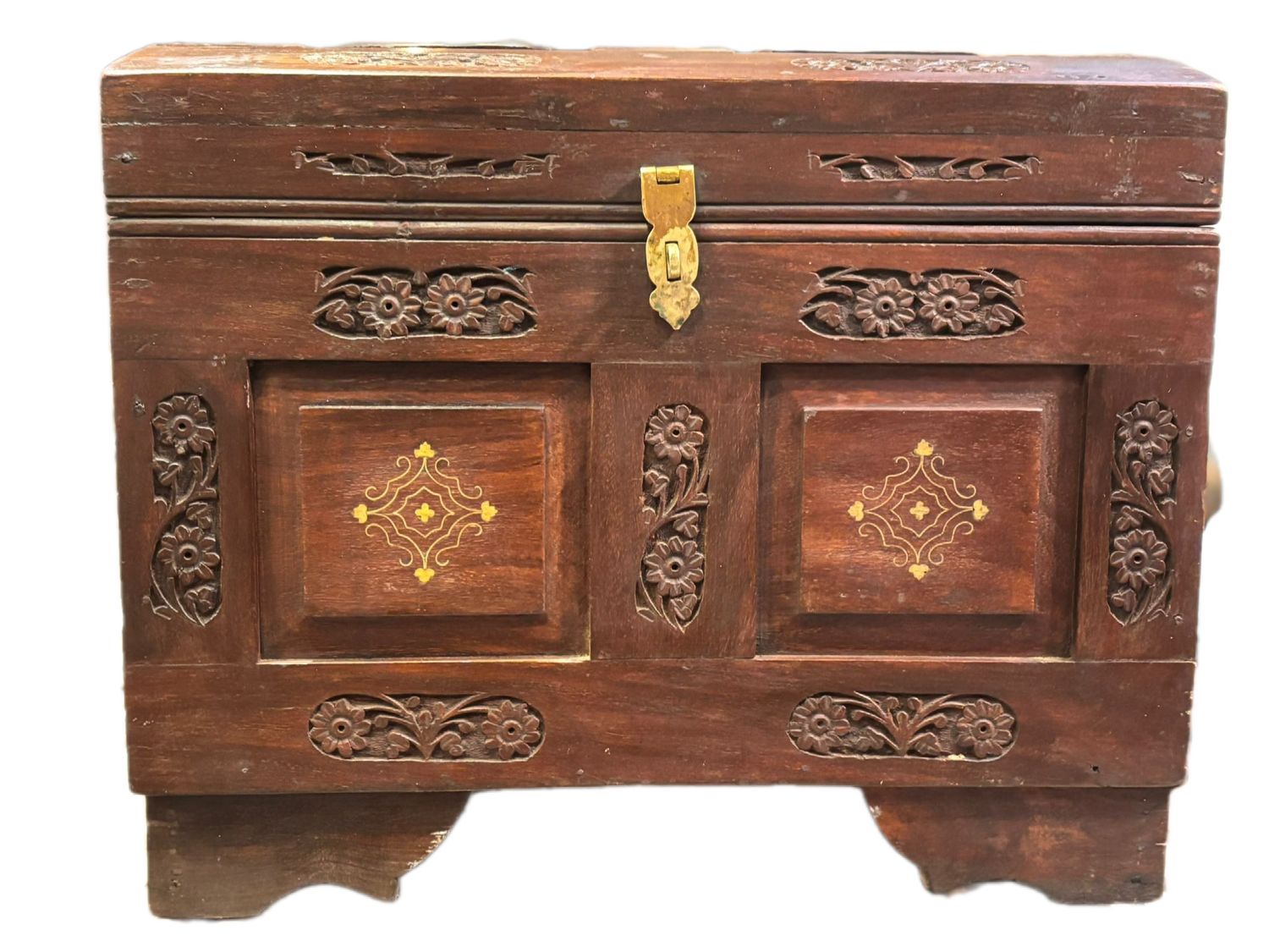 ANGLO INDIAN CARVED BRASS INLAID HARDWOOD DOME CHEST SMALL