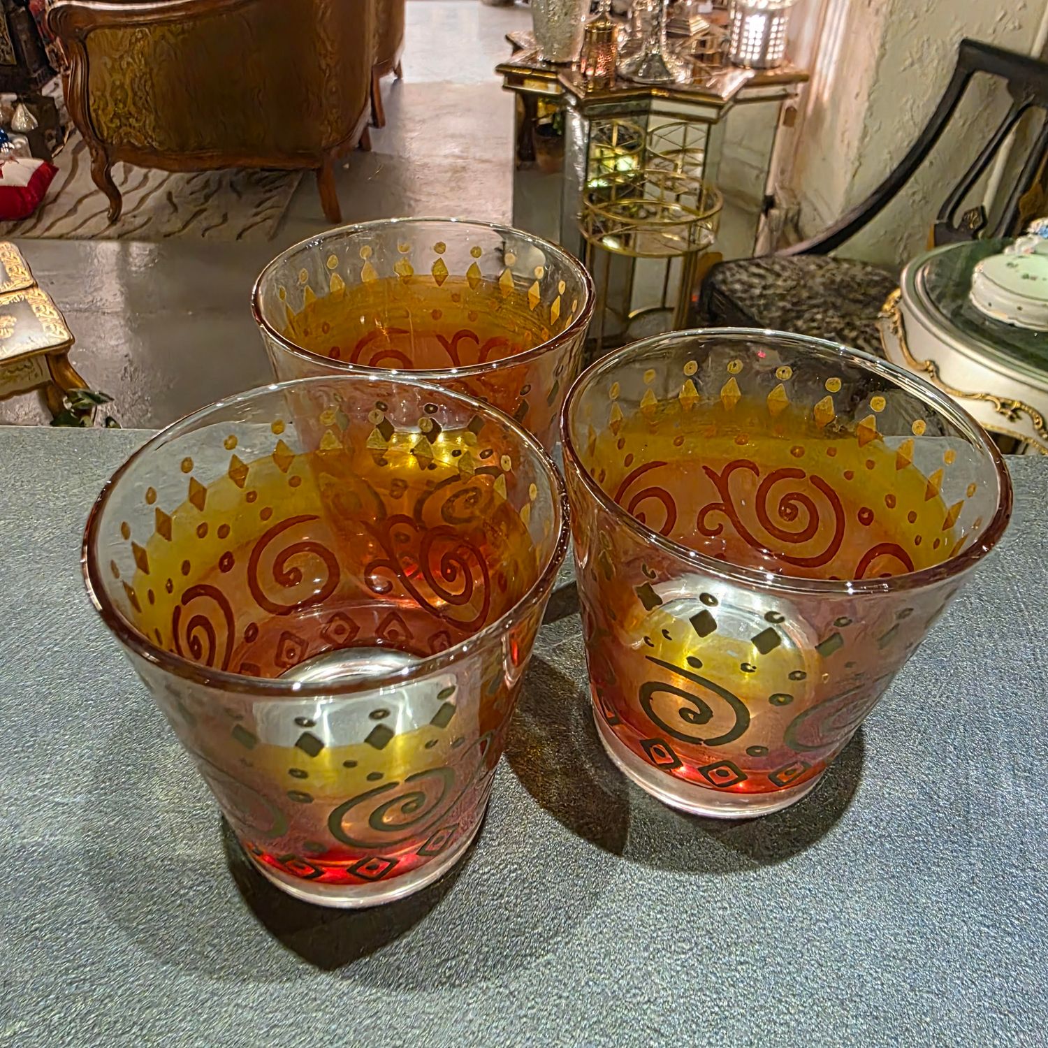 VINTAGE CERVED HAND PAINTED WATER GLASS