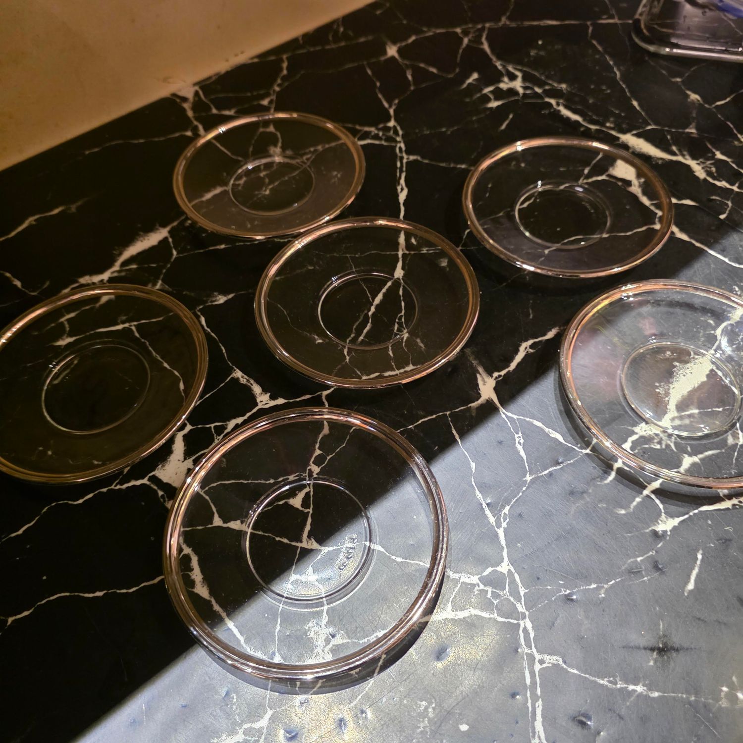 SIX CLEAR TEA GLASSES WITH SAUCER SILVER TONED ACCENT