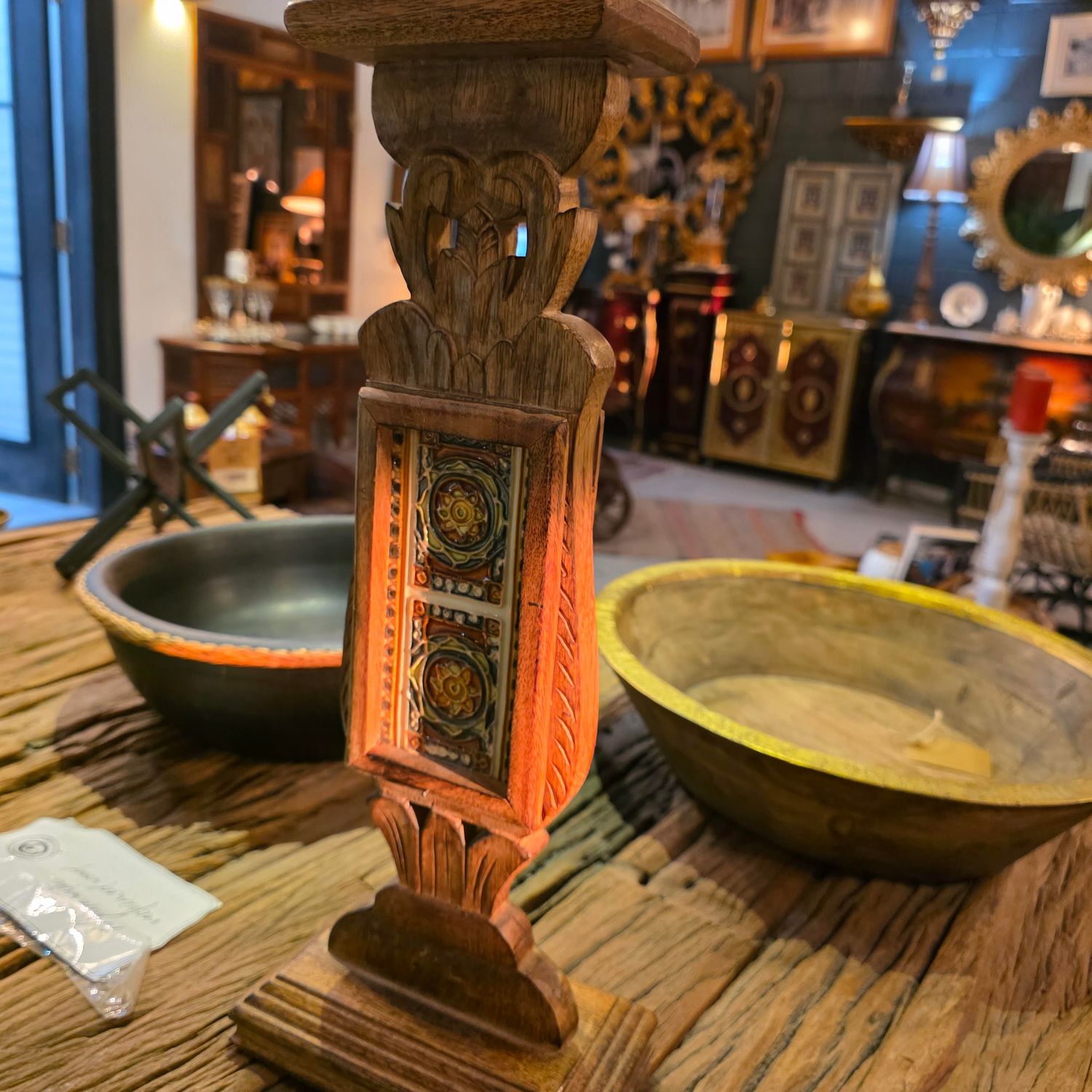 ANTIQUE CARVED WOOD CANDLE HOLDER PILLAR BRACKET INDIAN ORIGIN