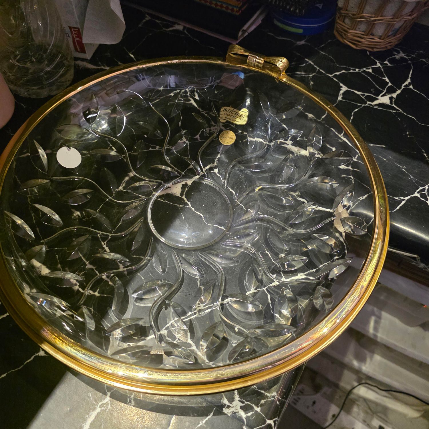 GLASS SERVING PLATE GOLD TONE RIM