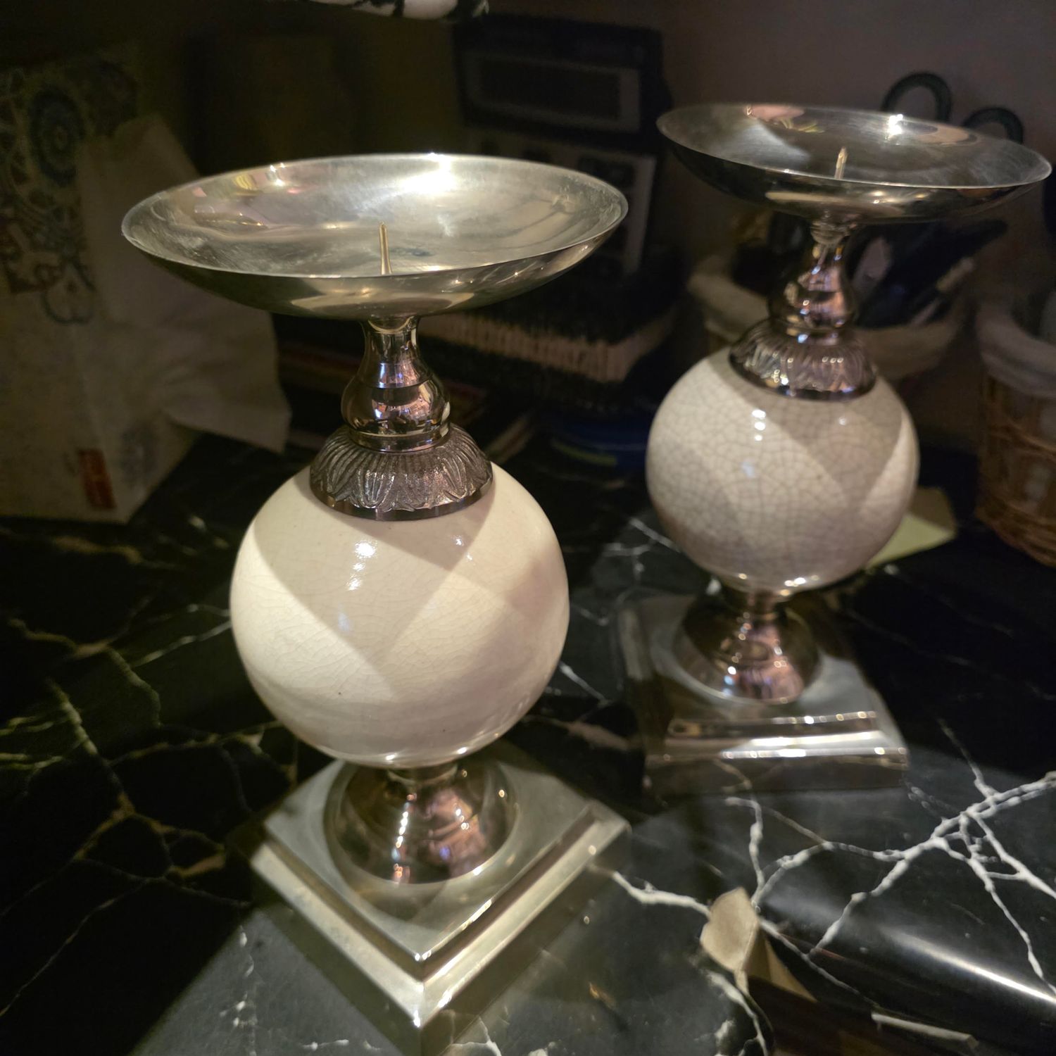 SILVER PLATED CANDLESTICK WITH WHITE CRACKLE GLAZED EGG SHAPED BODY