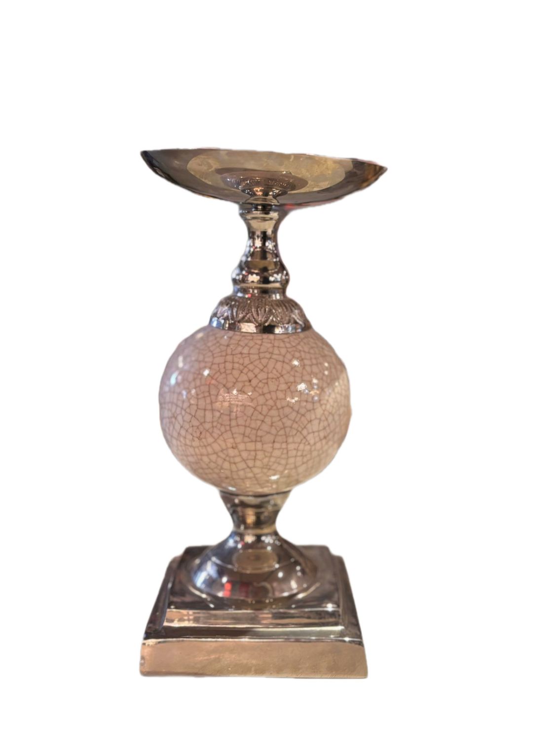 SILVER PLATED CANDLESTICK WITH WHITE CRACKLE GLAZED EGG SHAPED BODY