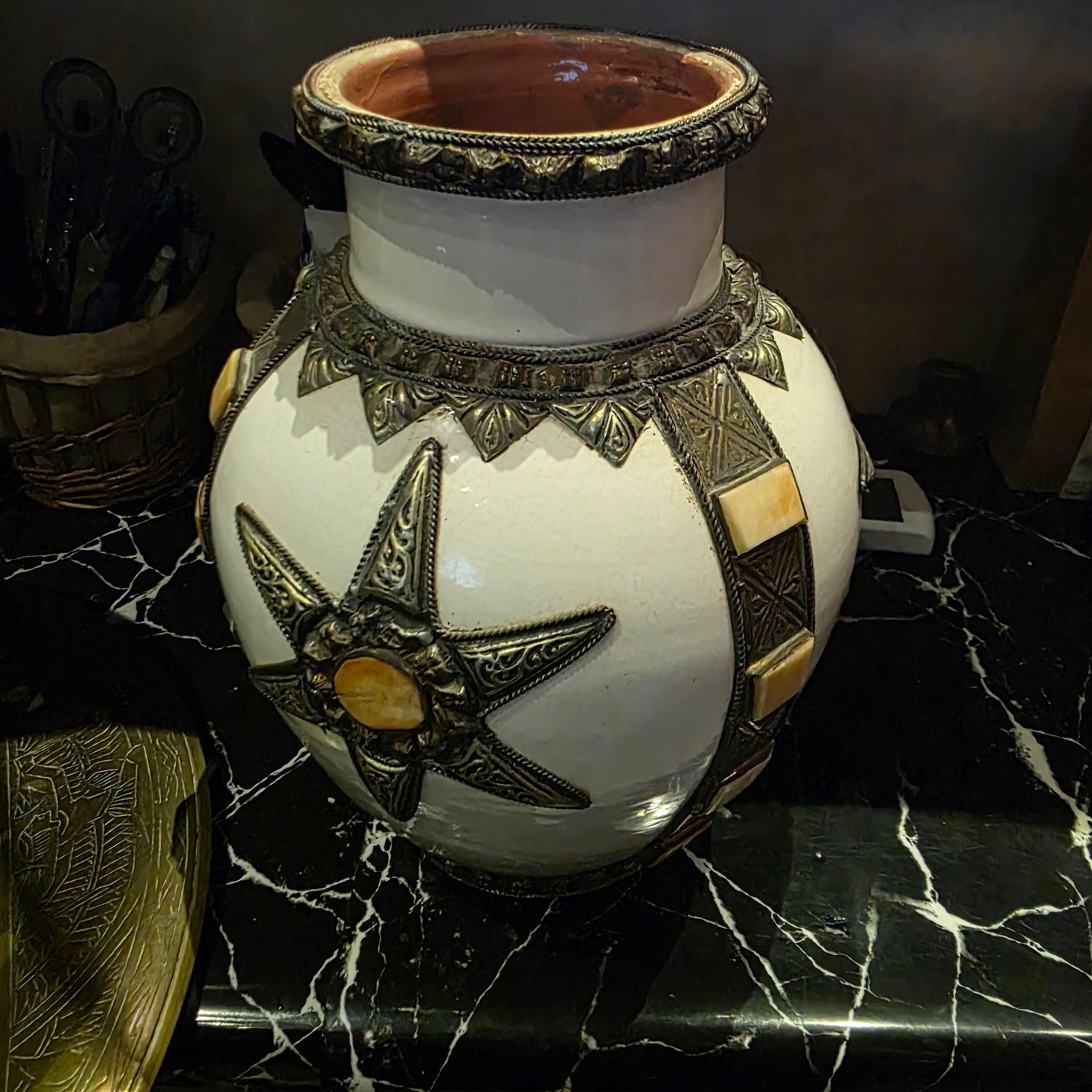 HANDMADE BERBER VASE WHITE GLAZED CLAY POTTERY WITH BONE INLAY AND METAL ACCENTS