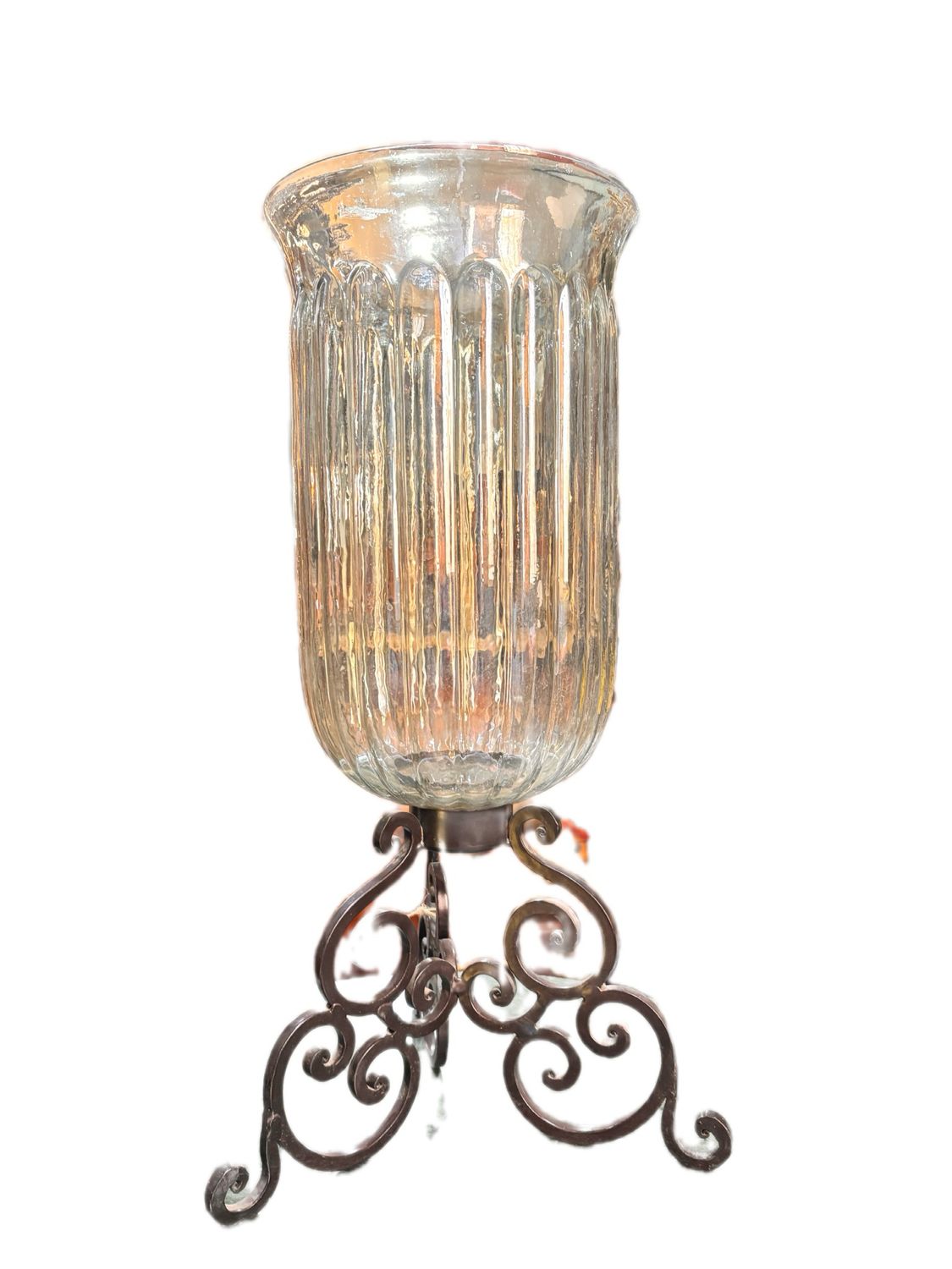 FLUTED GLASS HURRICANE CANDLE HOLDER WITH BLACK WROUGHT IRON STAND