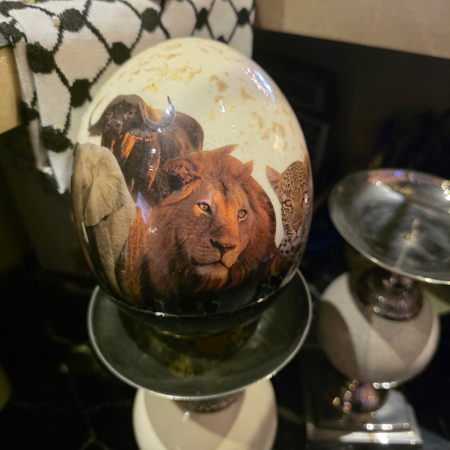 HANDCRAFTED OSTRICH EGG DECOUPAGE FEATURING AFRICAS BIG FIVE ANIMALS