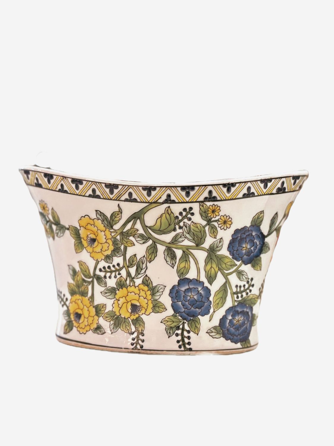 DECORATIVE VASE WITH BLUE AND YELLOW FLORAL PATTERN CERAMIC
