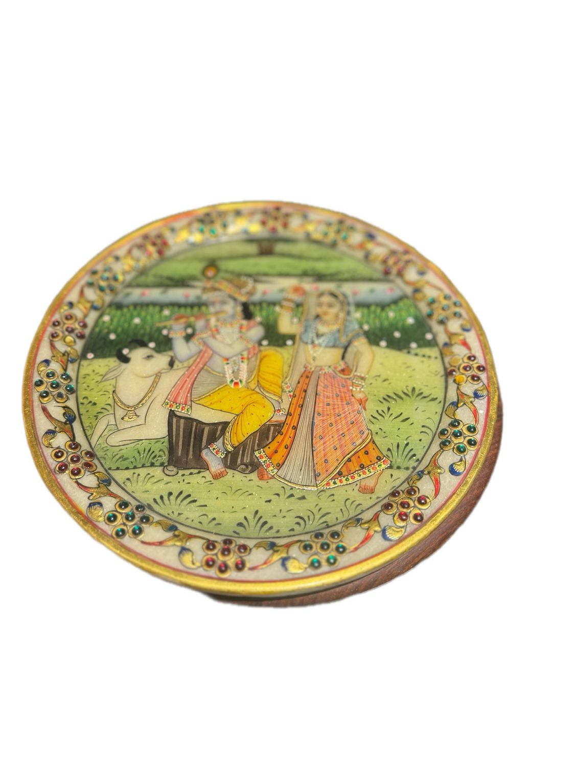 HANDPAINTED MARBLE PLATE FEATURING RADHA AND KRISHNA DECORATIVE ITEM