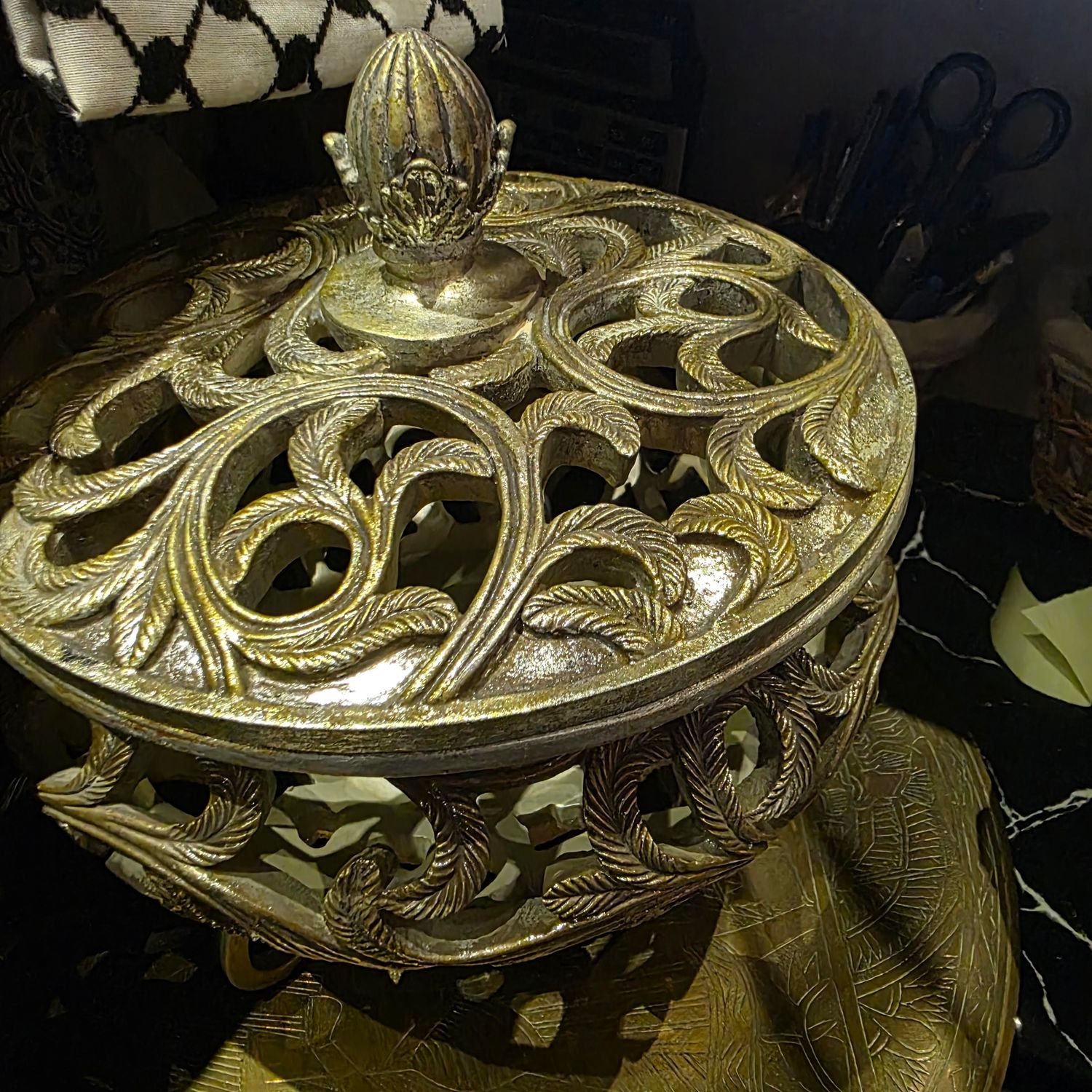 GOLD COLORED L OBJET FERN BOWL ON A STAND SIMILAR LEAF ACCENT WITH LID