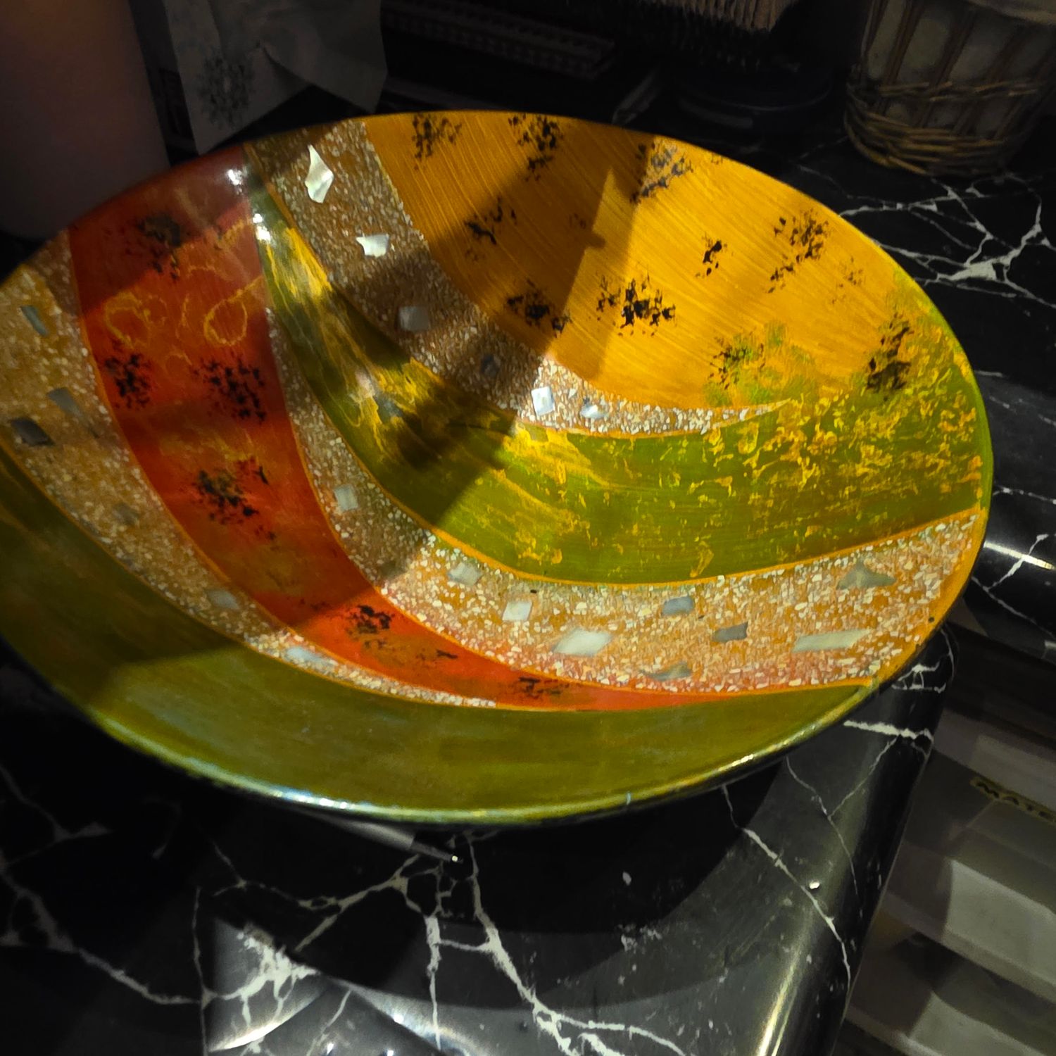 GLASS BOWL INTIRCATE DESIGN YELLOW GREEN AND ORANGE WITH MOTHER OF PEARL