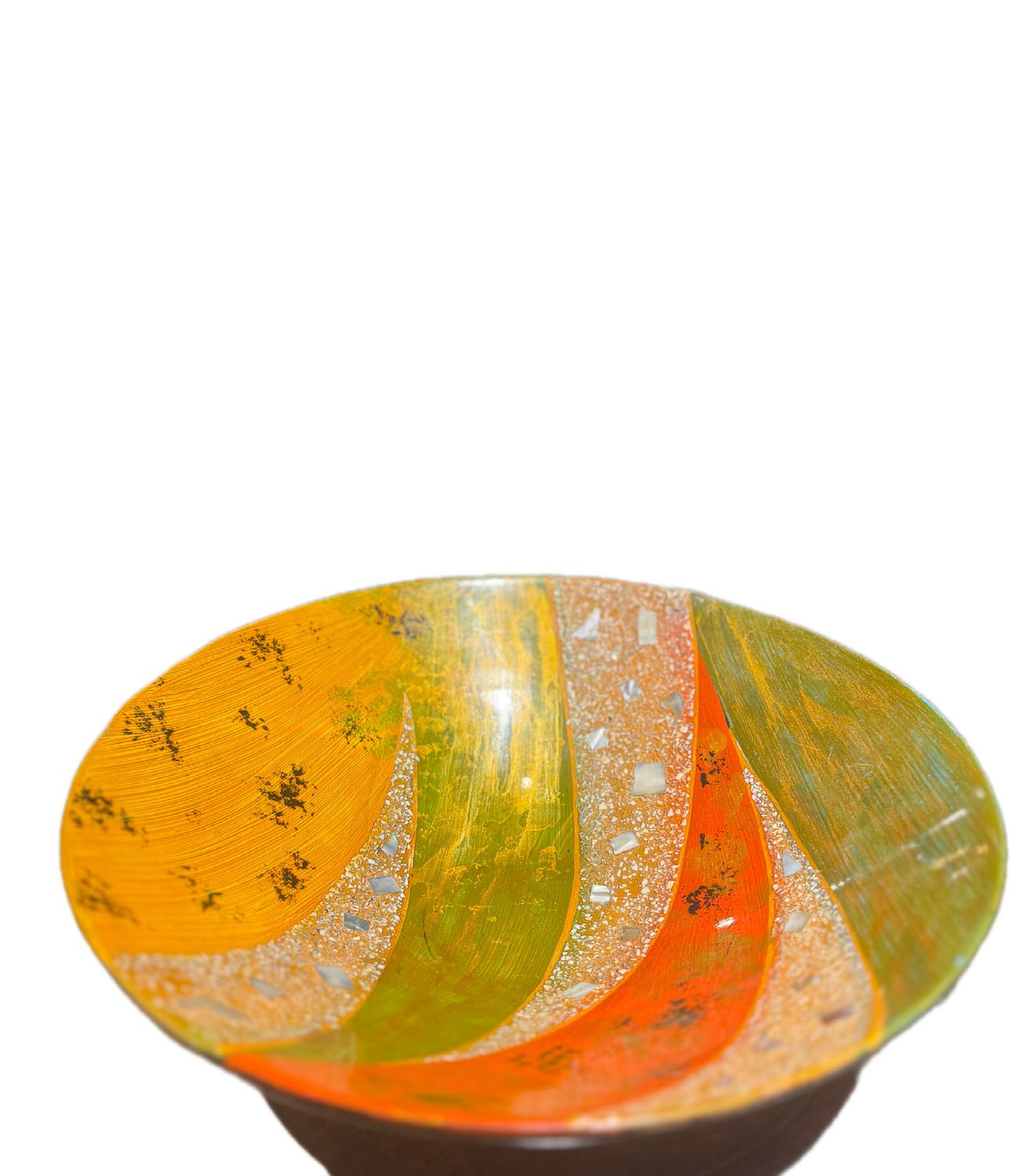 GLASS BOWL INTIRCATE DESIGN YELLOW GREEN AND ORANGE WITH MOTHER OF PEARL