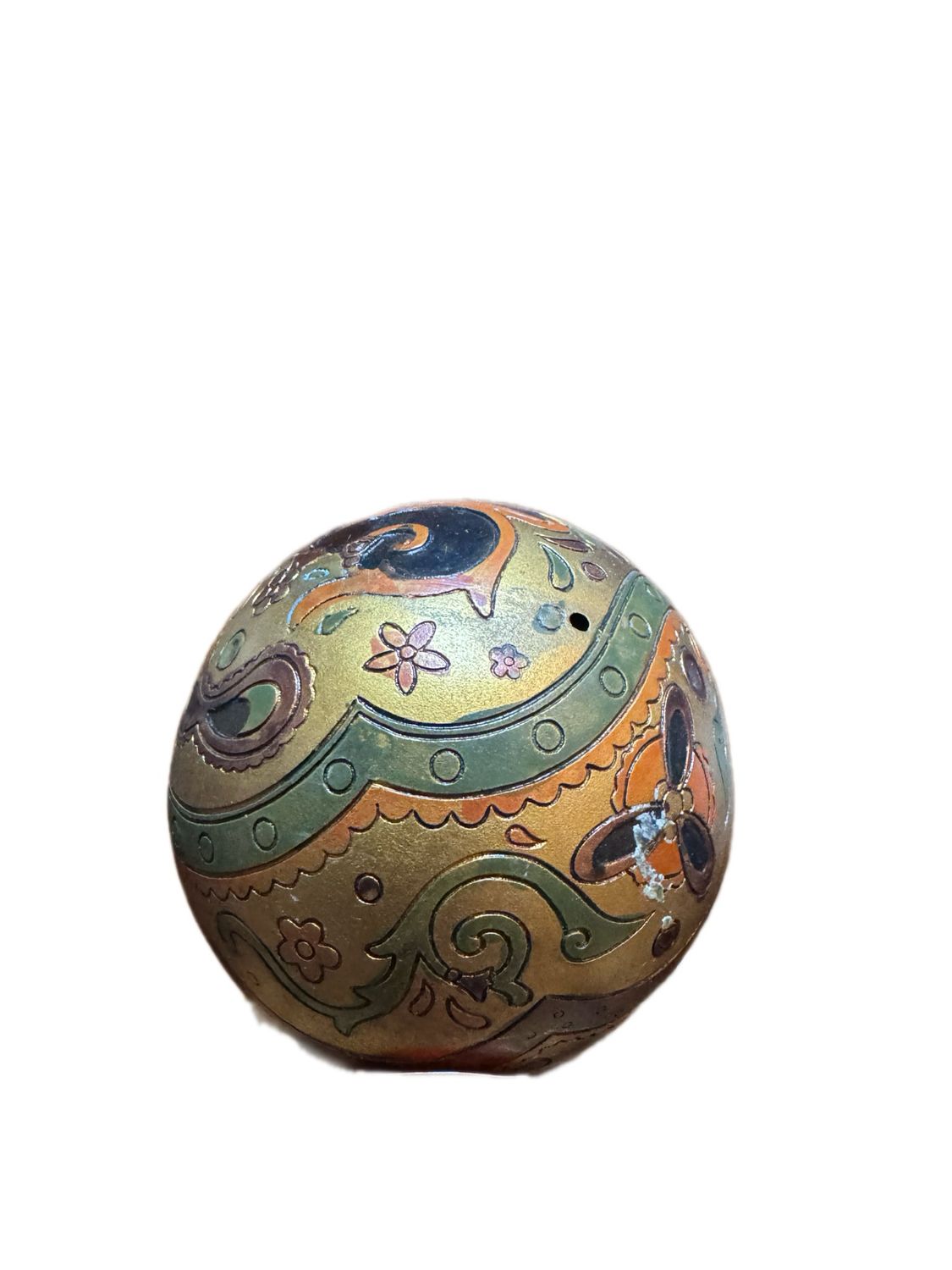DECORATIVE SPHERE OR ORB WITH GOLD BROWN AND GREEN FLORAL AND PAISLEY PATTERN