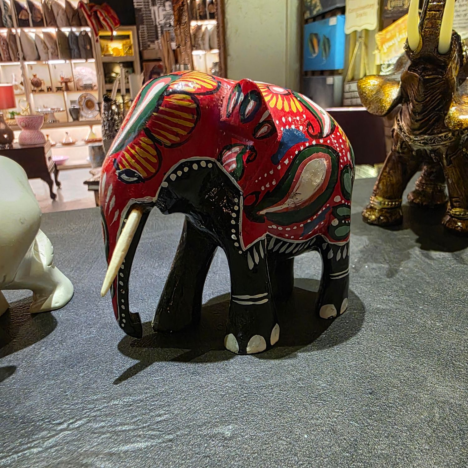HANDCARVED PAINTED WOODEN COLORFUL ELEPHANT FIGURINE