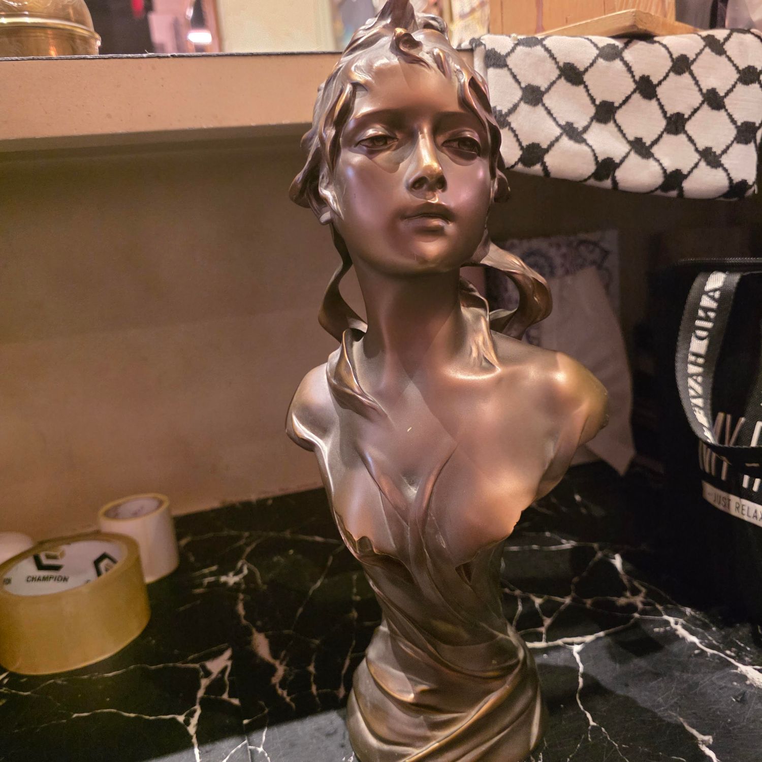 SCULPTURE MODERN ART NOUVEAU STYLE BUST YOUNG WOMEN DESIGNED EMULATE THE AESTHETIC OF LATE 19TH EARLY 20TH CENTURY ART.