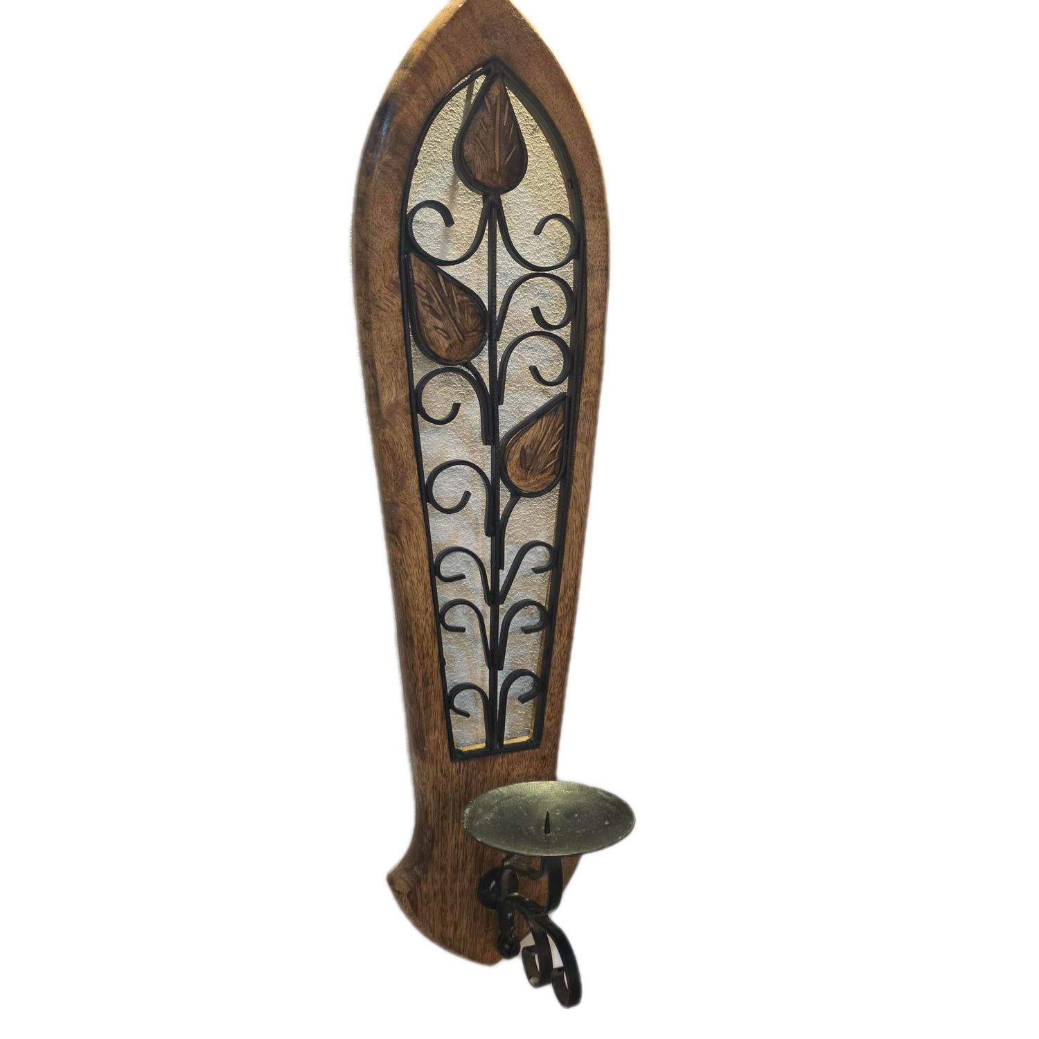 RUSTIC WOODEN WALL SCONCE CANDLE HOLDER WITH A METAL LEAF DESIGN