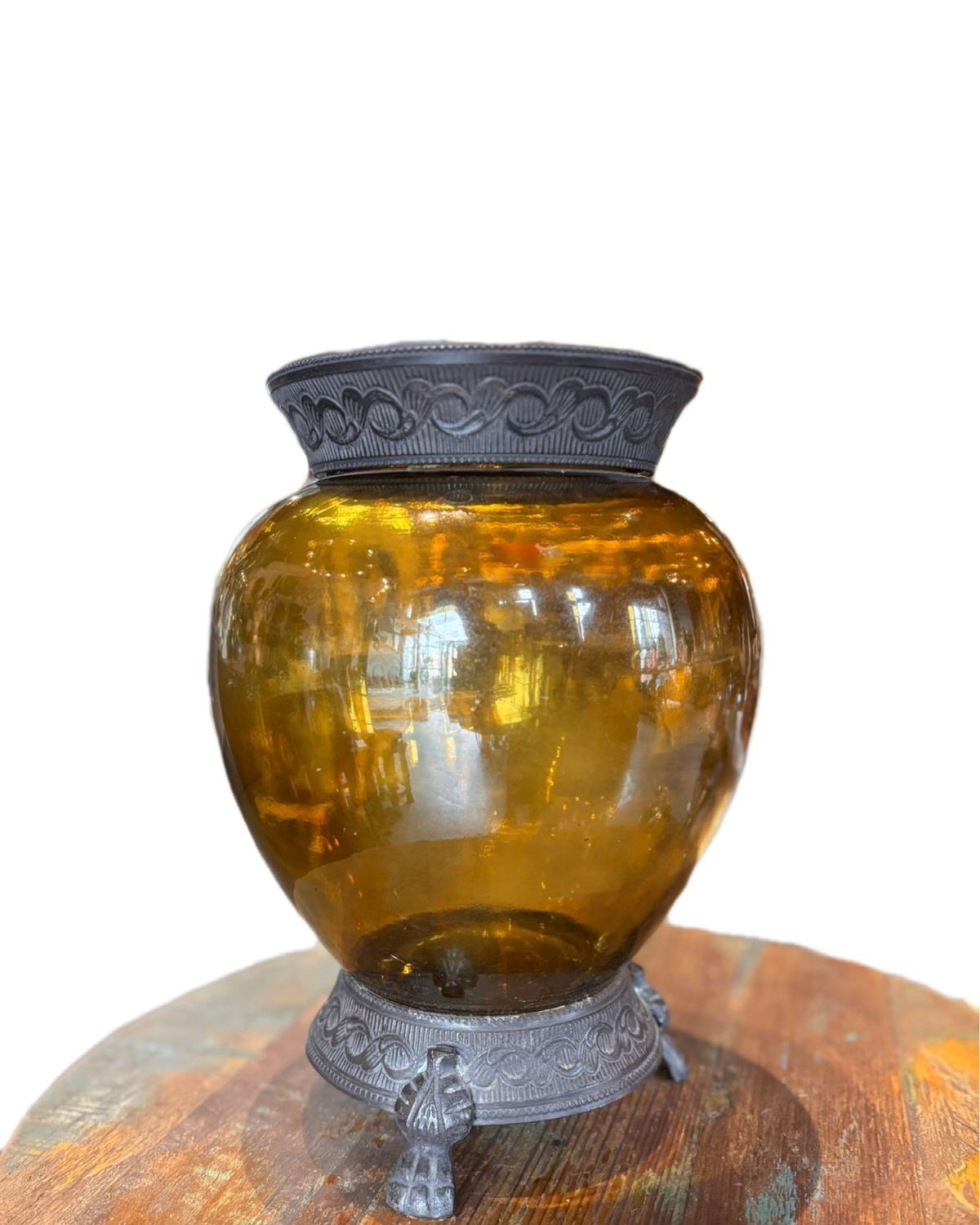 ANTIQUE AMBER GLASS VASE OR JARDINIERE