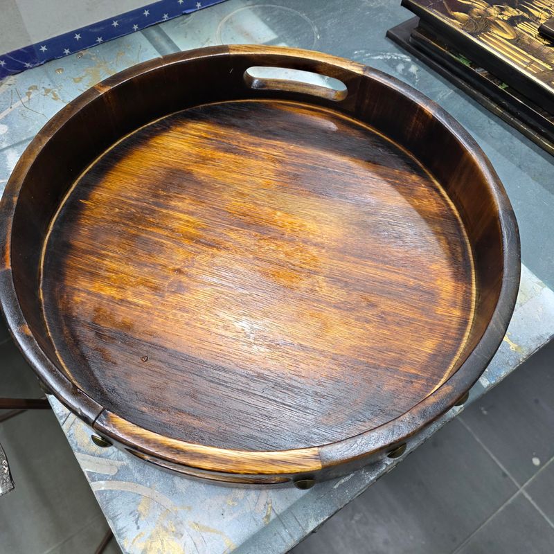 RUSTIC ROUND WOODEN SERVING TRAY WITH INTEGRATED HANDLES INLAID BRASS STUD.  ​