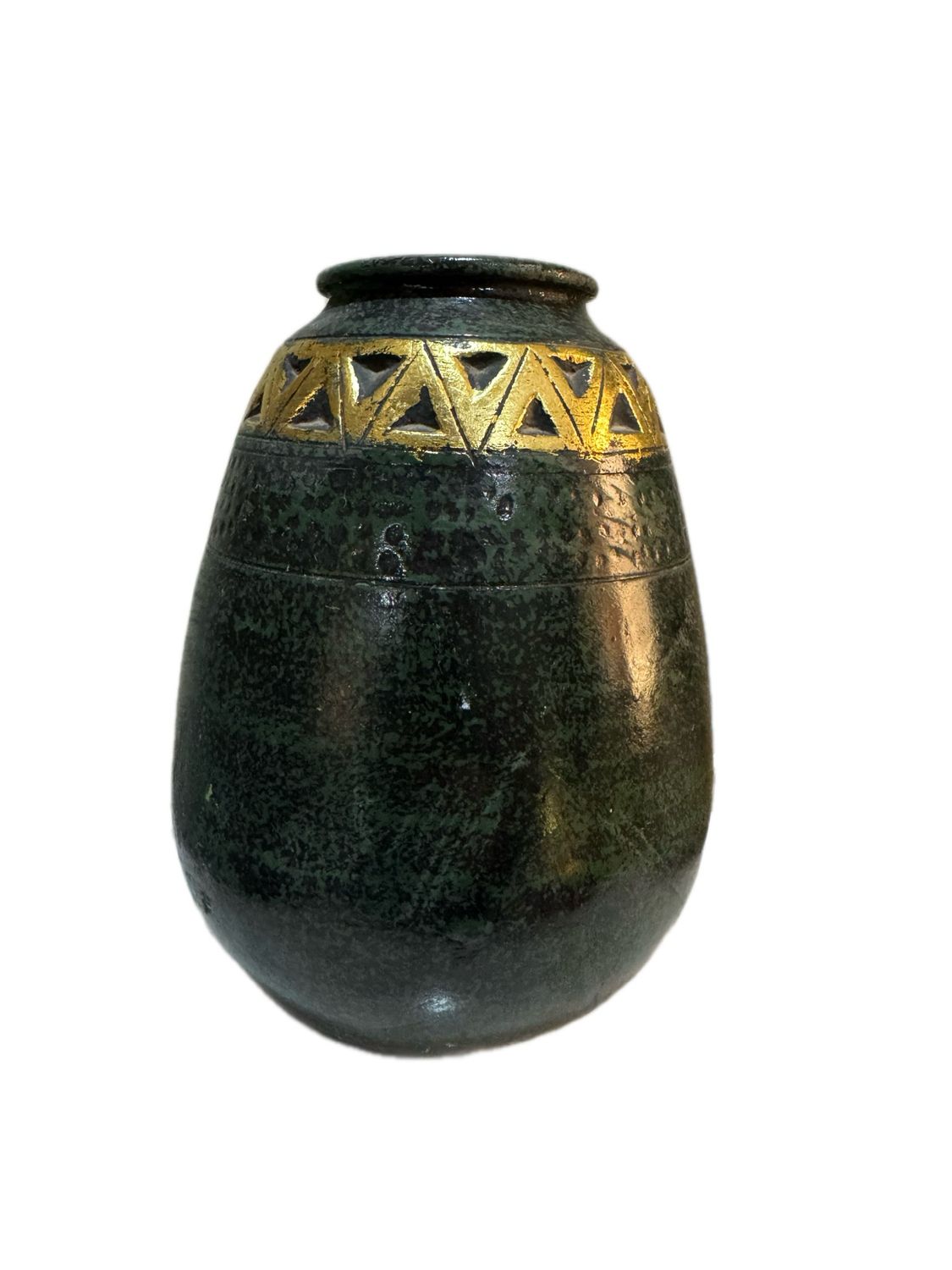 MID CENTURY MODERN GREEN AND GOLD TEXTURED CERAMIC VASE