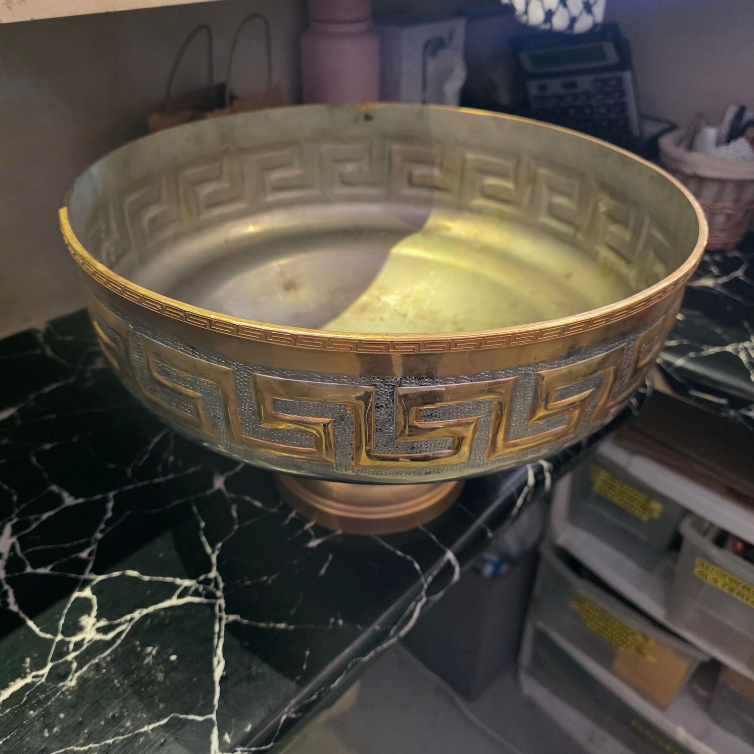 ELK HOME GREEKY KEY METAL CENTER PIECE BOWL WITH AN ANTIQUE BRASS FINISH