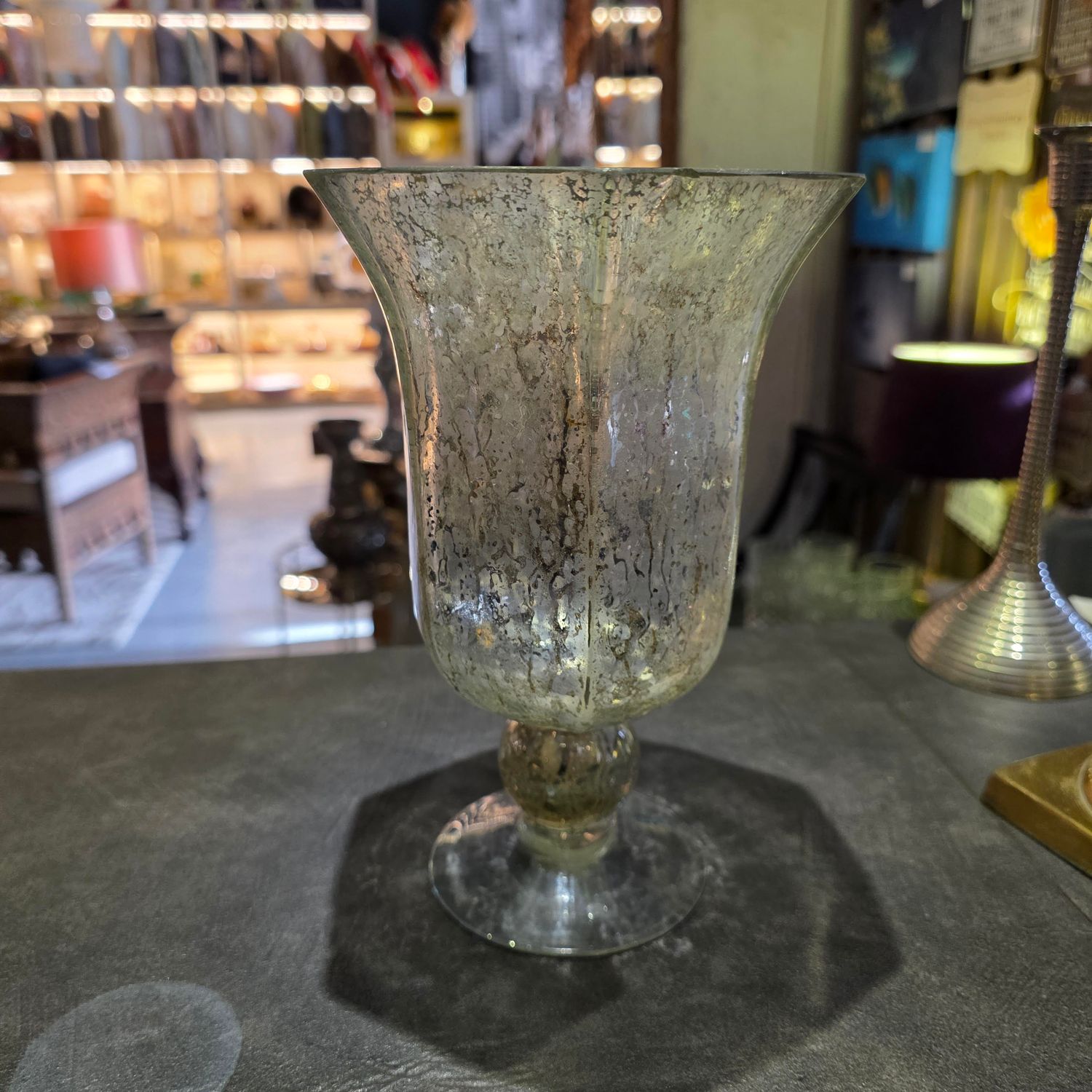 HAND BLOWN MERCURY GLASS HURRICAN VASE WITH A PEDESTAL BASE