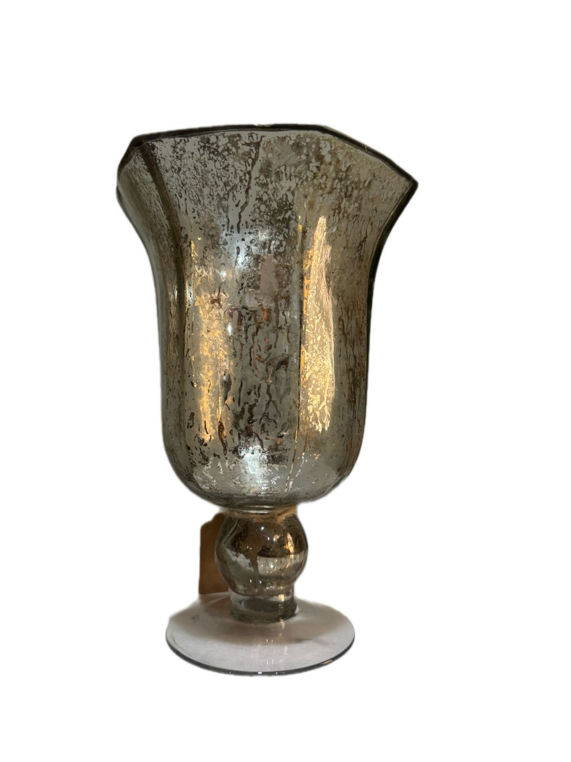HAND BLOWN MERCURY GLASS HURRICAN VASE WITH A PEDESTAL BASE