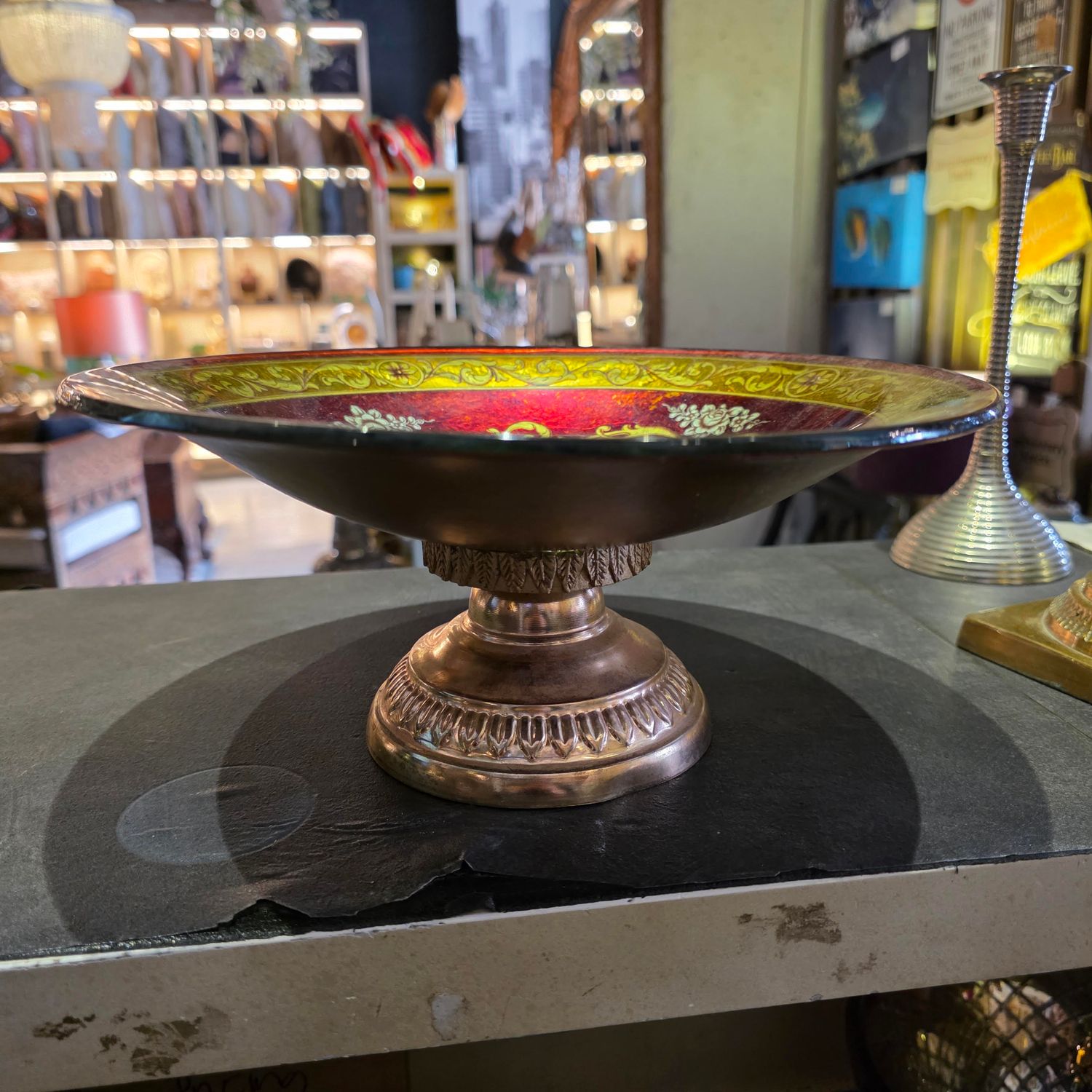 CAMBRIA CINNABAR CENTERPIECE PEDESTAL BOWL WITH ORNATE GOLD AND RED