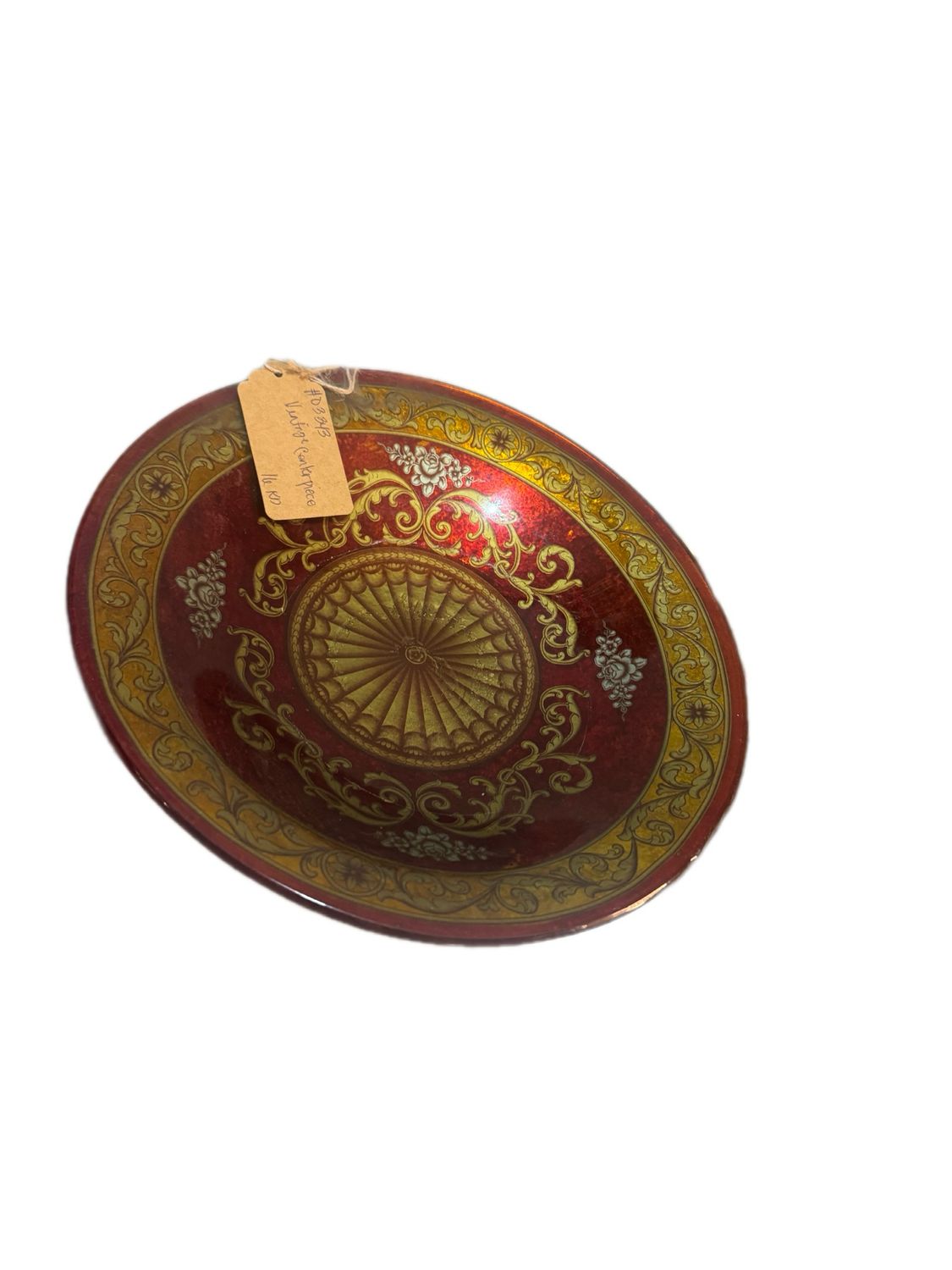 CAMBRIA CINNABAR CENTERPIECE PEDESTAL BOWL WITH ORNATE GOLD AND RED