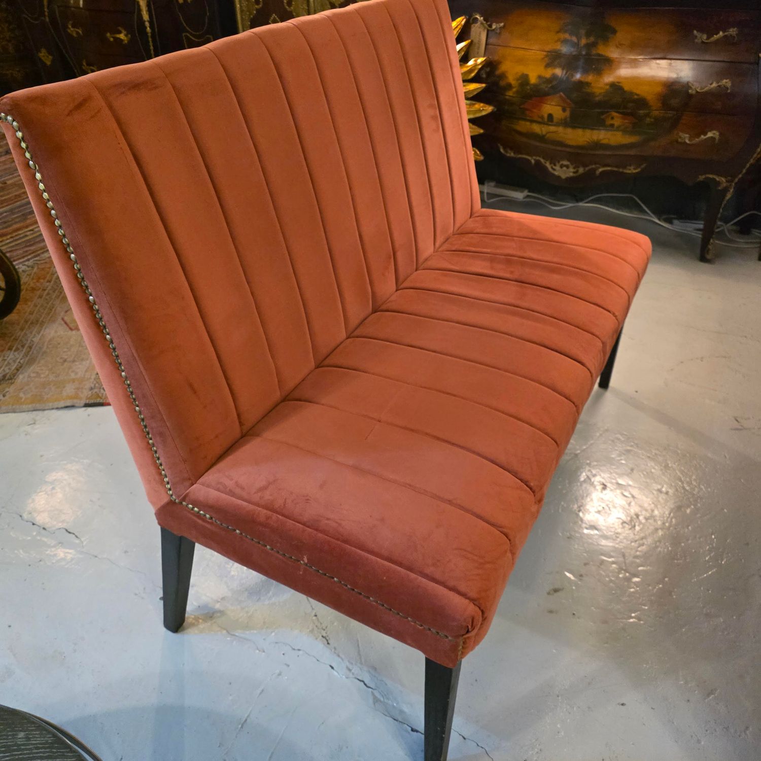 ORANGE FABRIC WOOD   3 SEATER SOFA WITH GOLD STUD