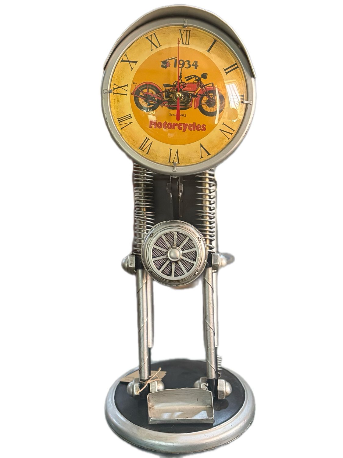 VINTAGE STYLE TABLE CLOCK DESIGNED TO LOOK LIKE A MOTORCYCLE OR ENGINE COMPONENT