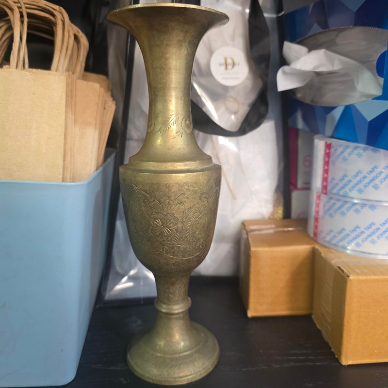 VINTAGE ETCHED BRASS VASE WITH FLORAL MOTIF