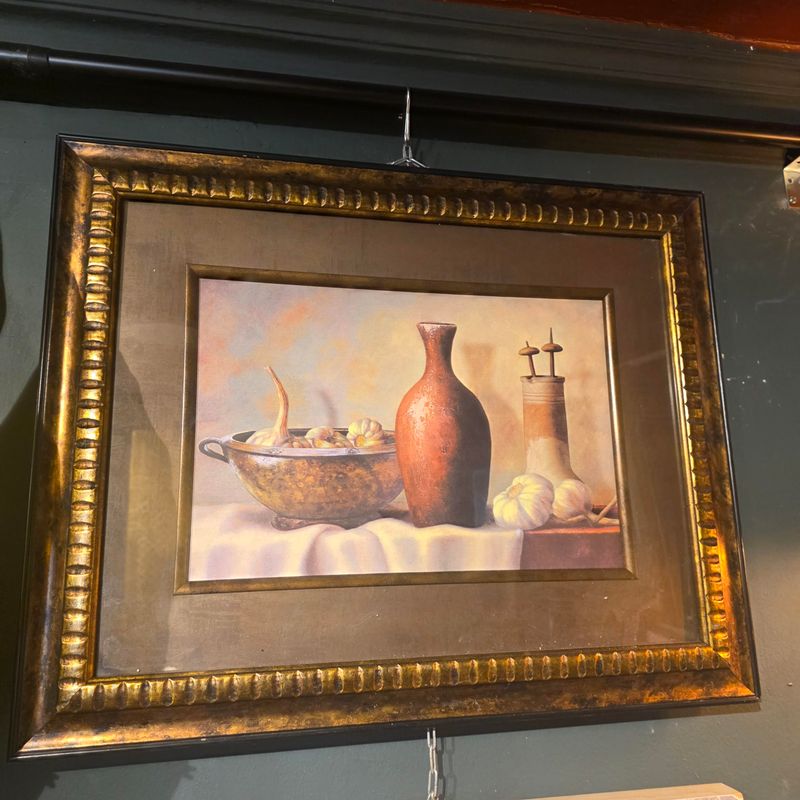 FRAMED STILL LIFE CANVASS FEAT POTTERY AND GARLIC