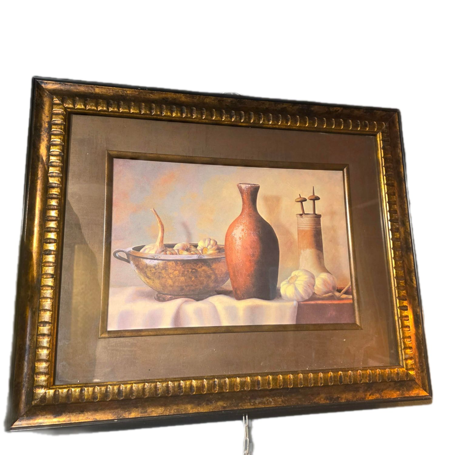 FRAMED STILL LIFE CANVASS FEAT POTTERY AND GARLIC