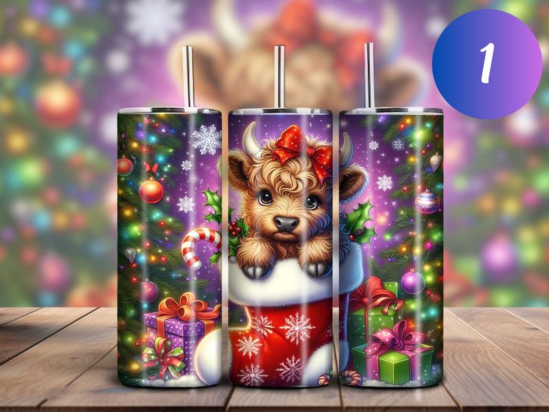 Christmas Highland Cow 20oz Skinny Tumbler (12 Options)