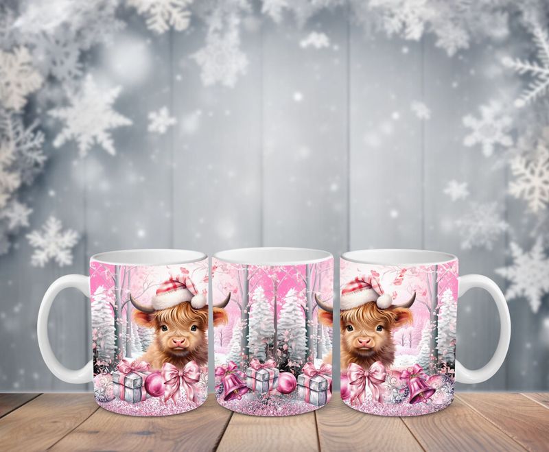 Pink Highland Cow Christmas Mug